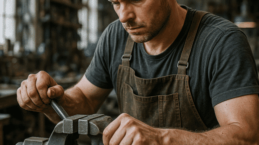 un homme en train d'utiliser un etau professionnel dans son atelier